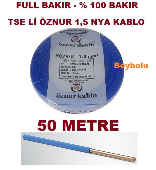 NYA 1,5 MM KABLO TSE Lİ ÖZNUR KABLO 50 MT Tam Bakır
