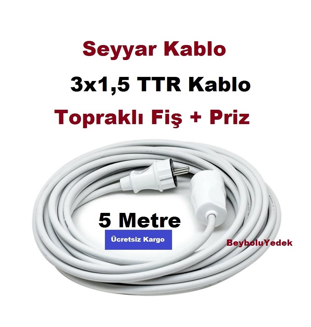 5 Metre Seyyar Kablo 3X1,5 TTR Kablo 5 Metrelik Uzatma Kablosu