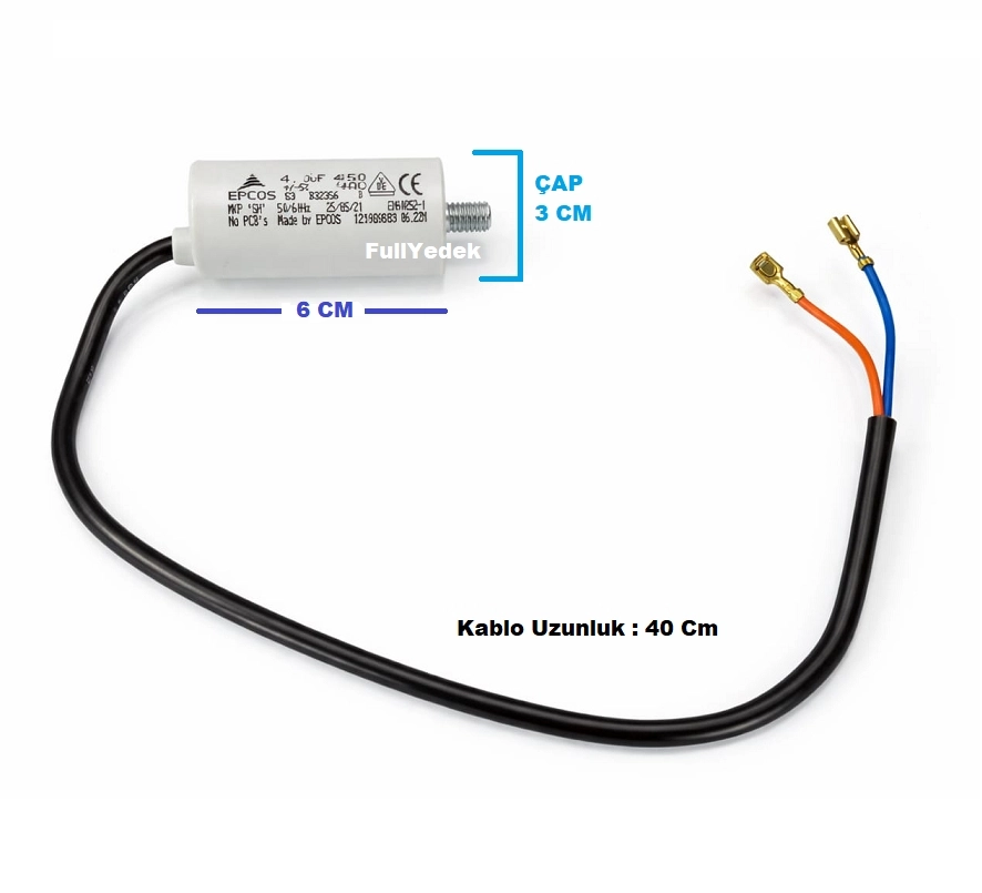 4 Mf Kapasitör Beko Buzdolabı Uyumlu Kablolu Motor Kondansatörü 450 VAC