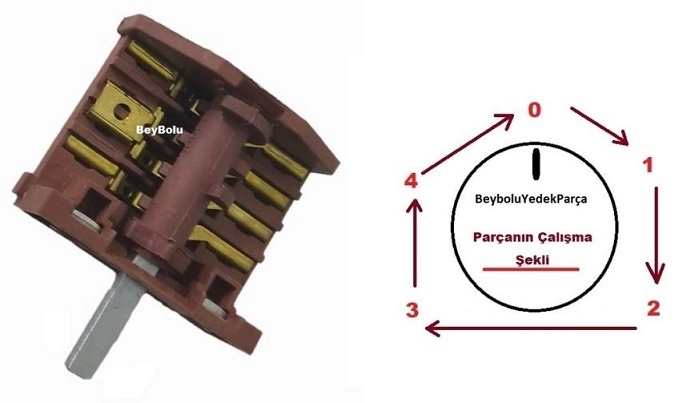 Luxell Fırın Kademe Anahtarı 4+4 Şalter 4 Konum + off , Metal Mil Komutatör