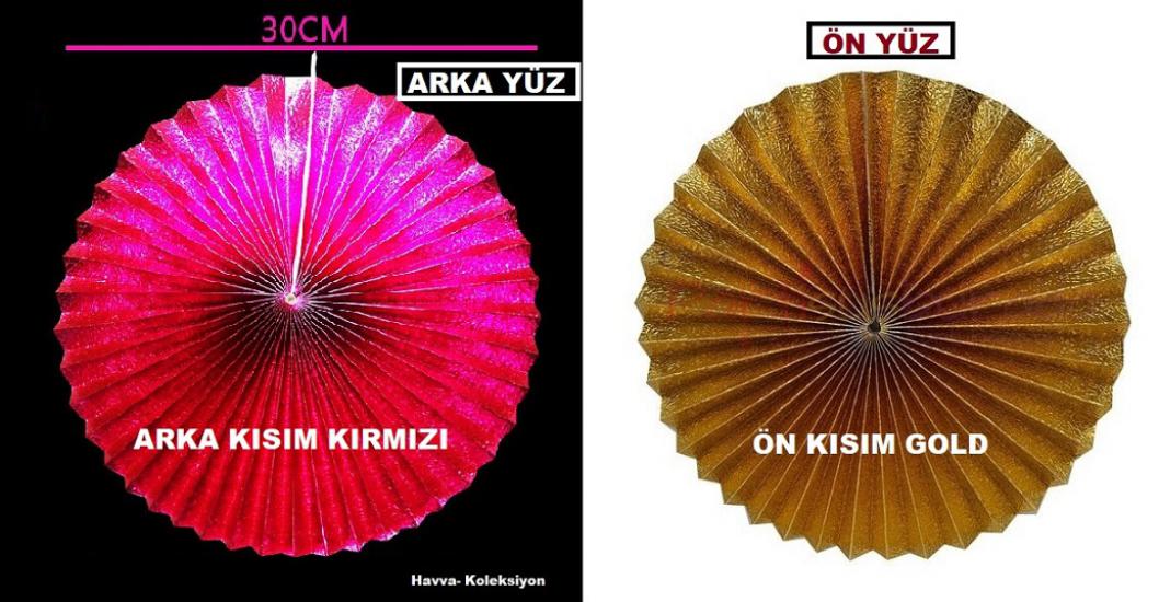 https://www.fullyedekparca.com/ Yelpaze Süs Metalik Gold - Kırmızı 30 Cm 2 Adet Doğum Günü Parti , Nişan , Düğün Kutlama Aksesuar